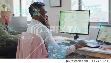 Image of financial data processing over diverse business people in office Image of financial data processing over diverse business people in office 115371641