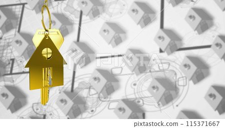Image of golden house keys and house shaped key fob hanging over 3d white house models in a row 4k 115371667