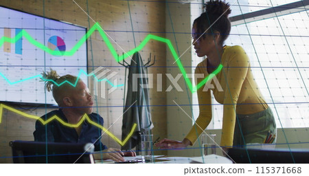Image of data processing over diverse business people in office 115371668