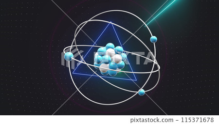 Image of micro of atom models and neon circles over black background 115371678