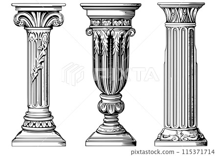 Ancient Column Collection: Vintage Vector Illustrations of Roman and Greek Antique Architecture. Ancient Column Collection: Vintage Vector Illustrations of Roman and Greek Antique Architecture. 115371714