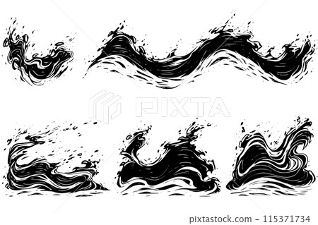 Vintage Sketch Collection: Liquid Wave and Splash Vector Engraved Style Illustration. Vintage Sketch Collection: Liquid Wave and Splash Vector Engraved Style Illustration. 115371734