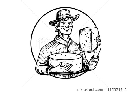 Cheesemaker or seller drawing ink sketch, vintage engraved style vector logotype illustration. 115371741