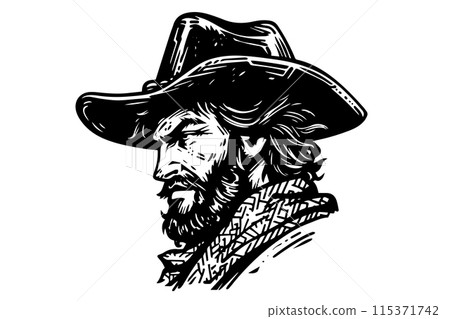 Cowboy head on hat in engraving style. Hand drawn ink sketch. Vector illustration. 115371742