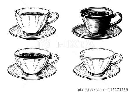 Set of vintage cups or mugs on a plate hand drawn ink sketch. Engraved style vector illustration. Set of vintage cups or mugs on a plate hand drawn ink sketch. Engraved style vector illustration. 115371789