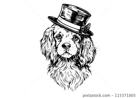 Vintage Hand-Drawn Dog Portrait with Hat: Etching Style Illustration of Cute Shepherd in Chapeau. Vintage Hand-Drawn Dog Portrait with Hat: Etching Style Illustration of Cute Shepherd in Chapeau. 115371805
