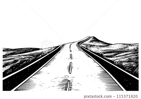 Simple road hand drawn ink sketch highway landscape. Engraved style vector illustration. 115371820
