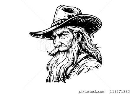Old cowboy bust or head on hat in engraving style. Hand drawn ink sketch. Vector illustration. Old cowboy bust or head on hat in engraving style. Hand drawn ink sketch. Vector illustration. 115371883