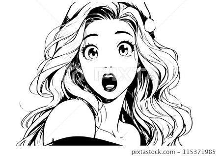 Surprised girl in santa hat ink sketch hand drawn. Engraved vector portrait. 115371985