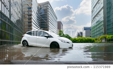 AI-generated | Image of an electric car submerged in urban areas | Flood and disaster images | Problem images of electric cars 115371989