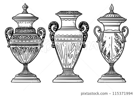 Set of ancient vase hand drawn ink sketch. Engraved style vector illustration. 115371994