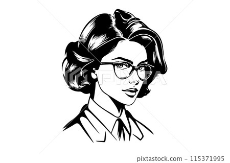 Serious businness woman ink drawing sketch. Pop art style black and white vector illustration. Serious businness woman ink drawing sketch. Pop art style black and white vector illustration. 115371995