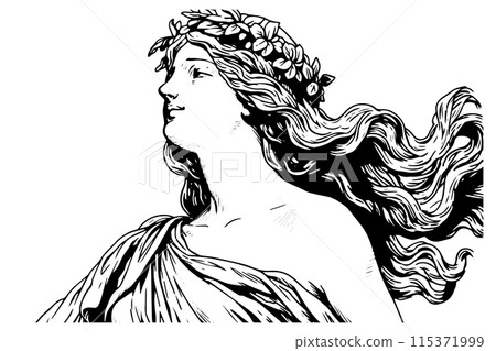 Aphrodite head hand drawn ink sketch. Engraved style vector illustration. 115371999