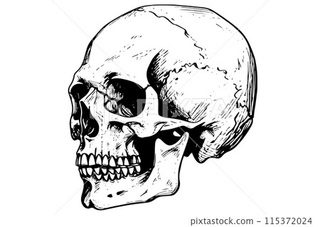 Vintage Human Skull Illustration: Woodcut Vector Skeleton Design with Gothic Flair. 115372024