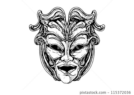 Black carnival mask sketch in vintage style. Vector Hand drawn engraved icon illustration. Black carnival mask sketch in vintage style. Vector Hand drawn engraved icon illustration. 115372036