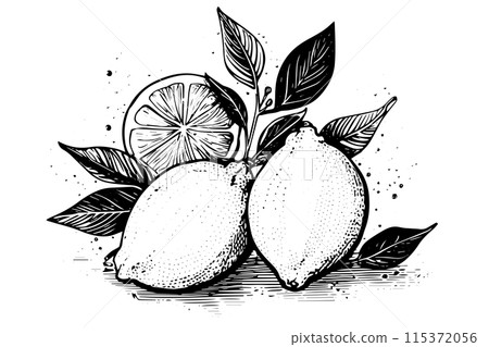 Hand drawn ink sketch vector illustration of lemon. Citrus in engraving style vector illustration. Hand drawn ink sketch vector illustration of lemon. Citrus in engraving style vector illustration. 115372056