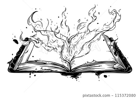 Open burning book hand drawn ink sketch. Engraved retro style vector illustration. 115372080