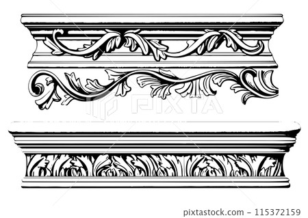 Classic Baroque Ornamentation: Vintage Vector Illustration of Architectural Molding and Borders Pack. 115372159