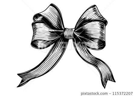 Vintage Christmas Gift: Hand-Drawn Bow and Ribbon Vector Sketch in Woodcut Style. Vintage Christmas Gift: Hand-Drawn Bow and Ribbon Vector Sketch in Woodcut Style. 115372207