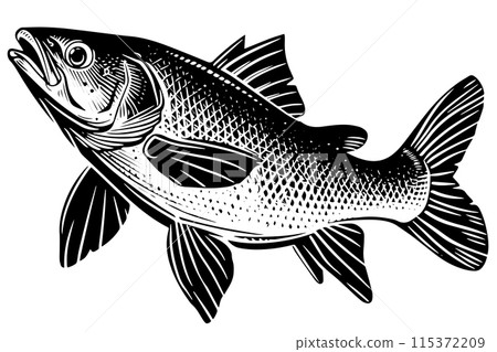 Vintage Fish Engraved Vector Logotype Sketch. Woodcut retro Tuna or Mackerel Ink Icon. 115372209