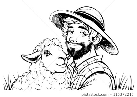 Sheep and farmer hugs on the field illustration. Agriculture icon logo vector sketch. 115372215