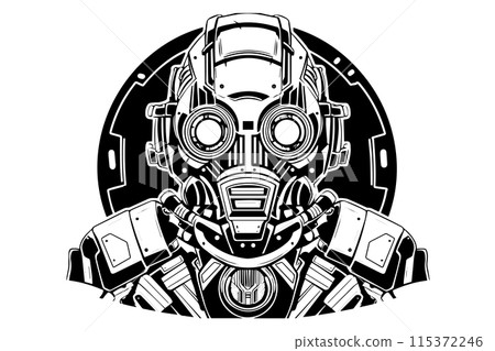 Hand-Drawn AI Robot Cyborg in a Timeless Vintage Engraved Style. Vector Illustration. Hand-Drawn AI Robot Cyborg in a Timeless Vintage Engraved Style. Vector Illustration. 115372246