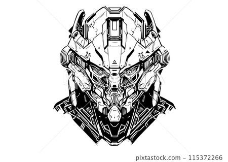 Hand-Drawn AI Robot Cyborg in a Timeless Vintage Engraved Style. Vector Illustration. Hand-Drawn AI Robot Cyborg in a Timeless Vintage Engraved Style. Vector Illustration. 115372266