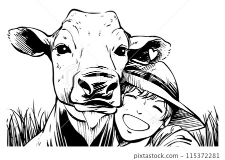 Cow and farmer on the field illustration. Agriculture icon logo vector sketch. 115372281
