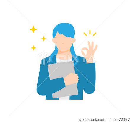 一名商務人士拿著活頁夾並做出「好的」手勢。簡單和平面的向量圖。 115372337