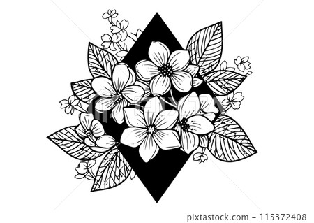 Sakura flower logotype hand drawn ink sketch. Engraved style vector illustration. 115372408
