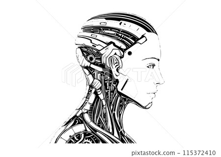 Hand-Drawn AI Robot Cyborg in a Timeless Vintage Engraved Style. Vector Illustration. Hand-Drawn AI Robot Cyborg in a Timeless Vintage Engraved Style. Vector Illustration. 115372410