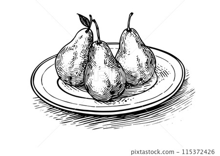 Pear on a plate hand drawn ink sketch. Engraved style vector illustration. Pear on a plate hand drawn ink sketch. Engraved style vector illustration. 115372426