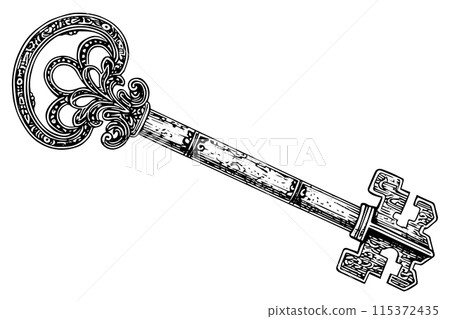 Antique key engraved retro style vector sketch. 115372435