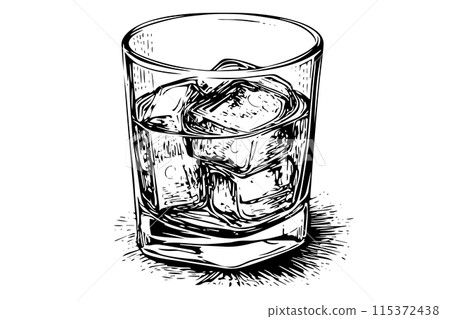 Vintage Whiskey Glass Sketch: Hand-Drawn Engraved Illustration of Drink with Ice. 115372438