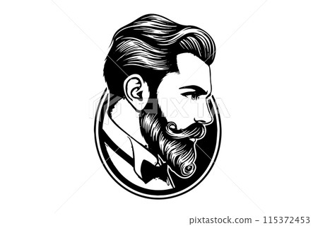 Hand drawn portrait of bearded man in profile. Hipster ink sketch. Logotype vector illustration. 115372453