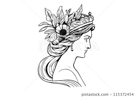 Aphrodite head hand drawn ink sketch. Engraved style vector illustration. 115372454