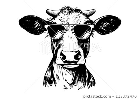 Cow head in sunglasses hand drawn ink logotype sketch. Engraved style vector illustration. 115372476