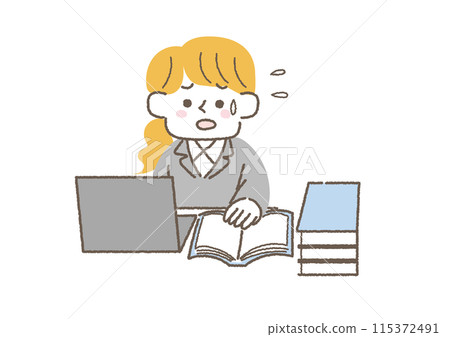 Illustration of a female office worker clearing up accumulated work 115372491