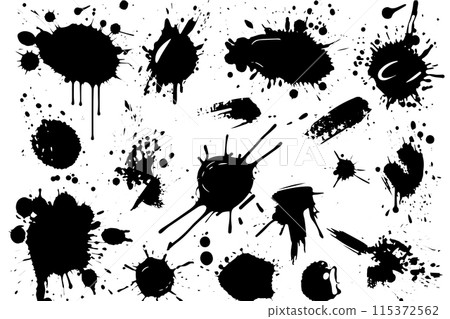 Ink Splatter Vector Set: Grunge Stains, Drops, and Splashes in Black and White. Ink Splatter Vector Set: Grunge Stains, Drops, and Splashes in Black and White. 115372562