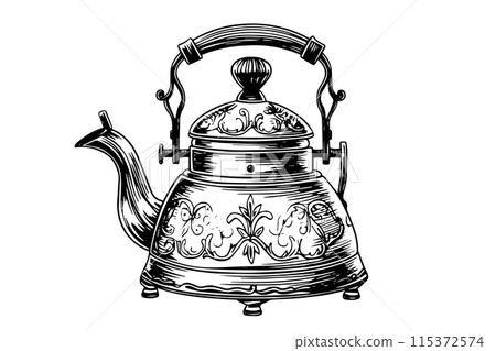 Retro kettle hand drawn ink sketch. Engraved style vector illustration. 115372574
