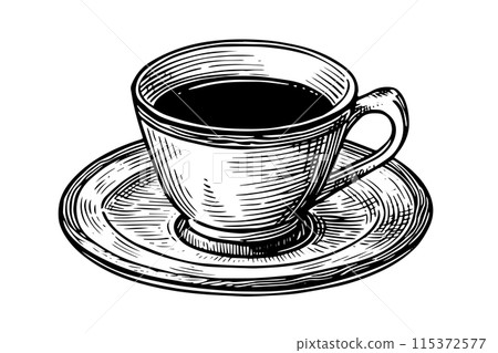 Vintage cup on a plate hand drawn ink sketch. Engraved style vector illustration. Vintage cup on a plate hand drawn ink sketch. Engraved style vector illustration. 115372577