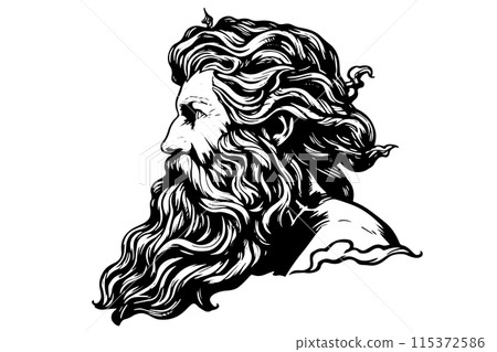 Zeus head hand drawn logo ink sketch. Engraved style vector illustration. 115372586