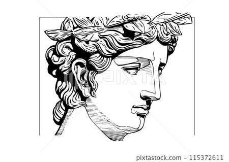 Hermes head hand drawn ink sketch. Engraved style vector illustration. 115372611