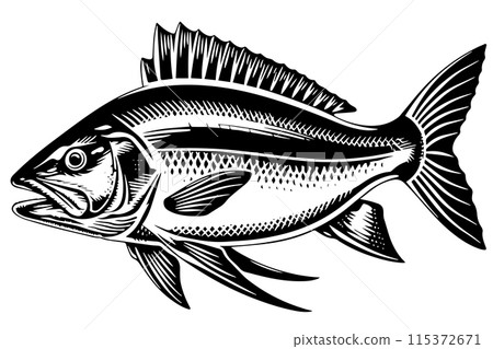 Vintage Fish Engraved Vector Logotype Sketch. Woodcut retro Tuna or Mackerel Ink Icon. Vintage Fish Engraved Vector Logotype Sketch. Woodcut retro Tuna or Mackerel Ink Icon. 115372671