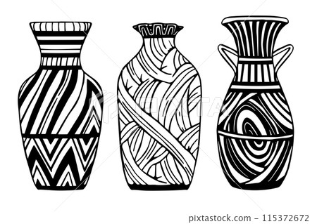 Antique vase, ancient pottery, hand drawn engraving vector sketch in greek style. Antique vase, ancient pottery, hand drawn engraving vector sketch in greek style. 115372672