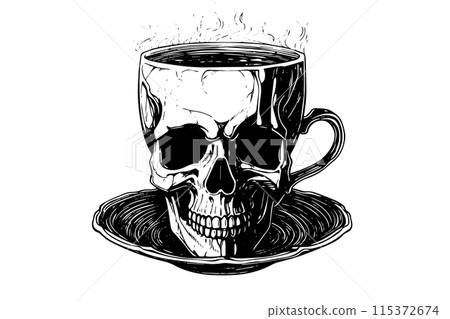Skull cup with coffee hand drawn ink sketch. Engraved style vector illustration. Skull cup with coffee hand drawn ink sketch. Engraved style vector illustration. 115372674