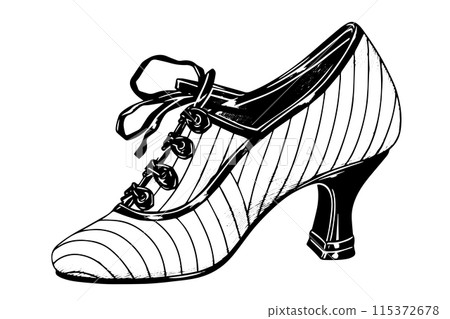 Vintage Illustration of Black High Heel Shoe, Retro Fashion Design Element with Antique Glamour, Isolated Vector Drawing. 115372678