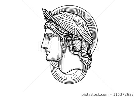 Hermes head hand drawn ink sketch. Engraved style vector illustration. 115372682