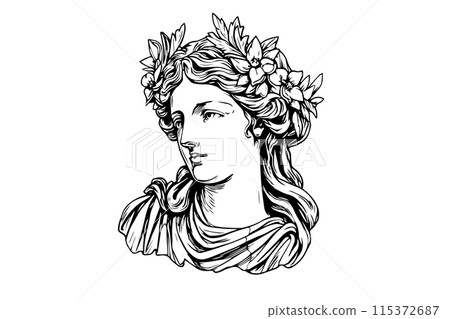 Aphrodite head hand drawn ink sketch. Engraved style vector illustration. Aphrodite head hand drawn ink sketch. Engraved style vector illustration. 115372687