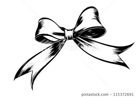 Vintage Christmas Gift: Hand-Drawn Bow and Ribbon Vector Sketch in Woodcut Style. Vintage Christmas Gift: Hand-Drawn Bow and Ribbon Vector Sketch in Woodcut Style. 115372691